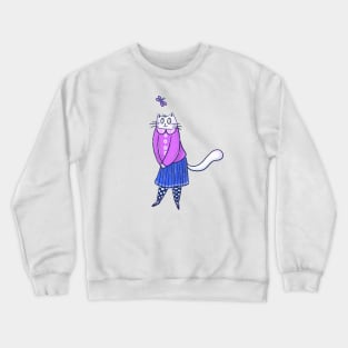 Cute girly white cat and purple butterfly Crewneck Sweatshirt